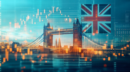 Digital composite of Tower Bridge with financial graphs and UK flag, symbolizing London's role in global finance and stock market activity.