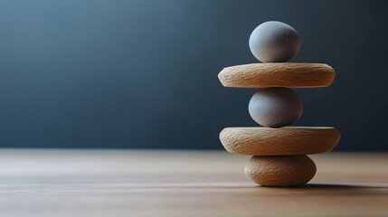 Balanced Eggs And Wooden Discs On Tabletop