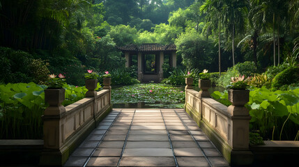 Obraz premium Suzhou Chinese garden with stone bridges and lotus pond, serene cultural retreat