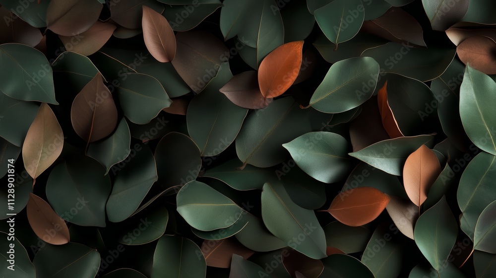 Poster close-up view of green and brown leaves creating a textured natural pattern on the ground during aut