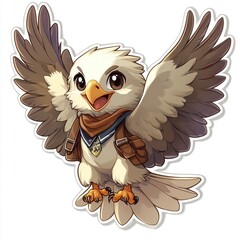 Fototapeta premium Adorable cartoon hawk wearing a backpack, soaring.