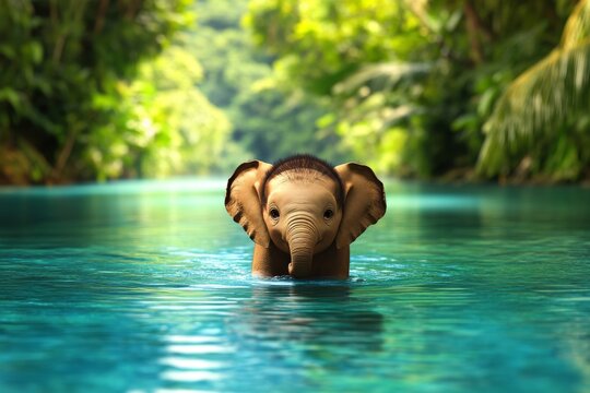 A 3D-rendered image of a baby elephant playing in a crystal-clear river, surrounded by lush plants and animated water splashes