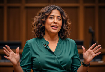 A portrait photo of a candid speaker politician ceo person giving a speech to a diverse audience: A woman in a green dress sitting in a courtroom.