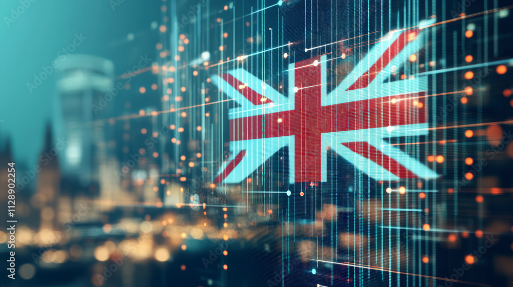 Poster a digital rendering of the union jack flag with a futuristic cityscape backdrop, featuring abstract 