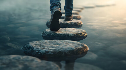 Person Walking Across Stepping Stones In Water