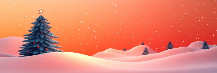 Cute cartoon-style marketing poster design, featuring a Christmas tree on the left side, clear space for text in the center, light red background, high resolution.