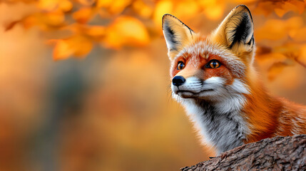Obraz premium A close-up of a fox amidst autumn foliage, showcasing its vibrant fur and alert expression against a backdrop of warm, orange leaves.
