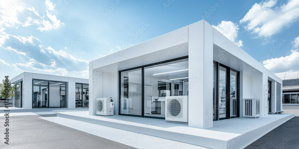Poster modern modular office units with large windows and air conditioning systems