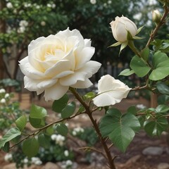 Delicate white rose unfolding its petals against a bare branch in a quiet and peaceful garden landscape , flower, natural, white