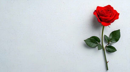 A single red rose with green leaves against a light background, symbolizing love and beauty.