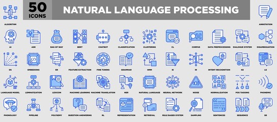 Natural Language Processing Icon Set Blue White