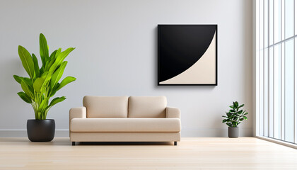 Minimalist living room with green plants and abstract wall art.