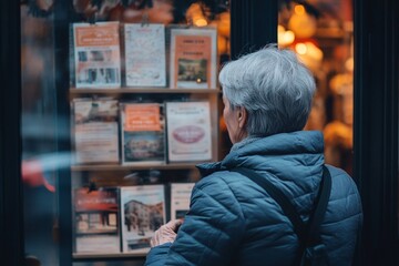 Fototapeta premium An elderly woman with short gray hair, wearing a warm jacket, observing vintage property ads on a rustic agency window at twilight 1