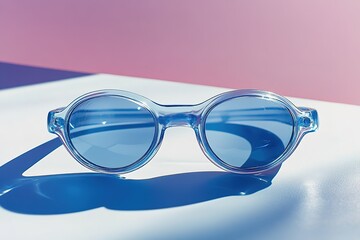 Blue sunglasses casting shadow on dual-tone background