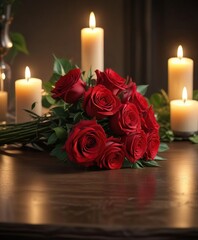 Red rose bouquet on a table with a candlelit background, elegant decor, red roses centerpiece