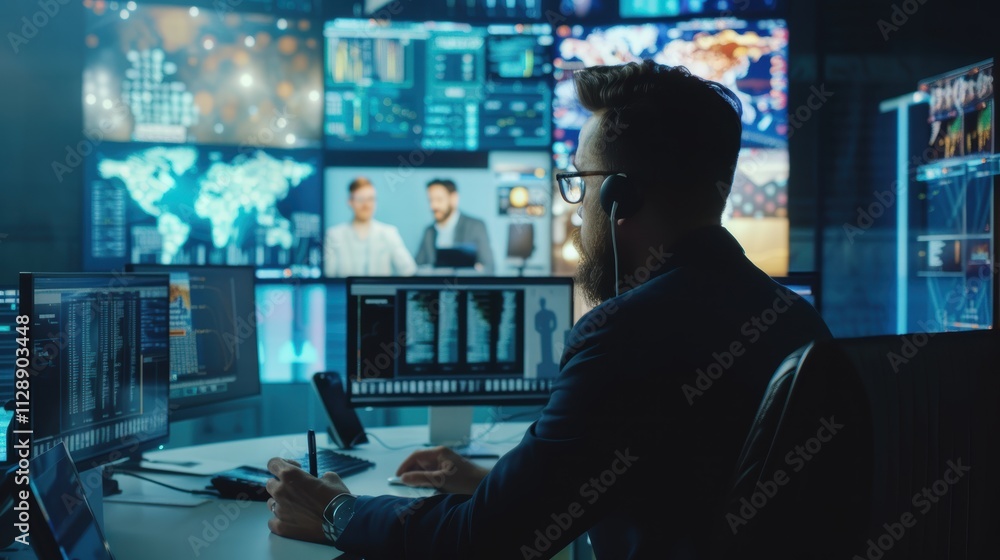 Poster businessman analyzing data on multiple monitors in control room
