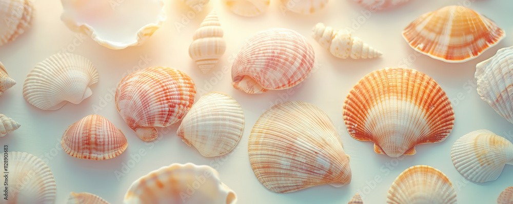 Poster a collection of various seashells with warm, soft lighting, showcasing their unique patterns and tex