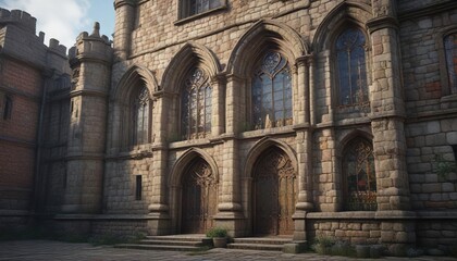 Obraz premium Donjon's exterior with stone façade and stained glass windows , stone, stained glass, donjon