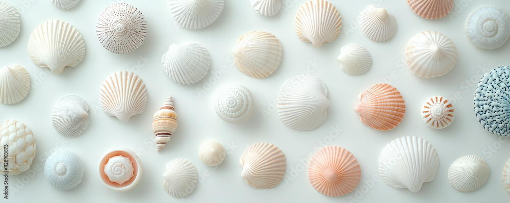 Aufkleber an array of assorted seashells and coral pieces in soft pastel hues displayed on a white background,