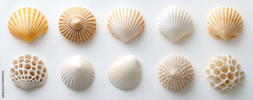 Poster a collection of beautifully arranged seashells in varying shapes and textures, showcasing intricate 