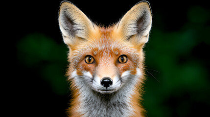 A close-up portrait of a red fox, showcasing its vibrant fur and expressive eyes against a blurred dark background.