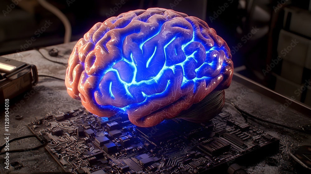 Aufkleber futuristic concept of brain with light effects on circuit board representing artificial intelligence