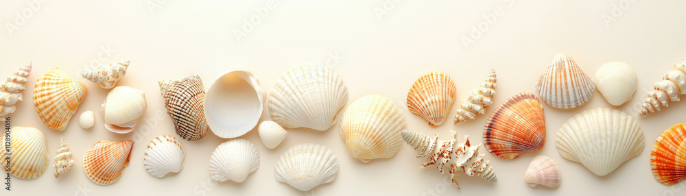 Poster a collection of various seashells arranged in a row on a light surface, showcasing different shapes,