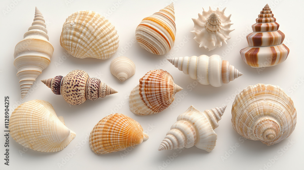 Poster a collection of various seashells in different shapes, sizes, and colors arranged neatly on a light 