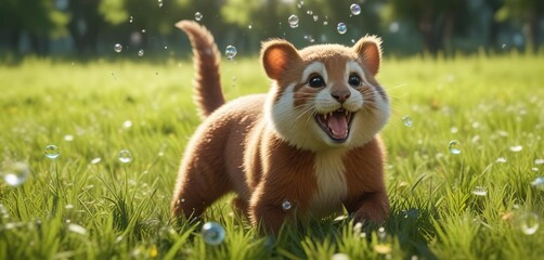Happy animated animal playing with bubbles in a sunny meadow , bubbles, sunshine, meadow