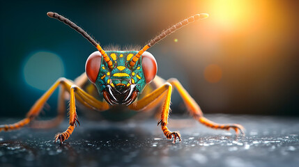 Fototapeta premium A vibrant close-up of an insect with colorful patterns, showcasing detailed features and a blurred background with soft light.