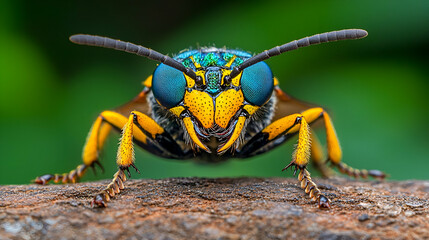 Fototapeta premium A vibrant close-up of a blue and yellow insect with large eyes, perched on a branch against a blurred green background.