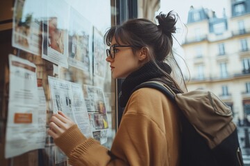 A young woman wearing glasses and a backpack, analyzing rental ads on the window of a French agency during a cloudy afternoon 1