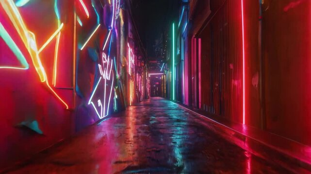 Dark, empty alley showcases vibrant neon lights and graffiti-covered walls, creating a cyberpunk atmosphere. The scene evokes a futuristic, urban vibe filled with mystery and intrigue