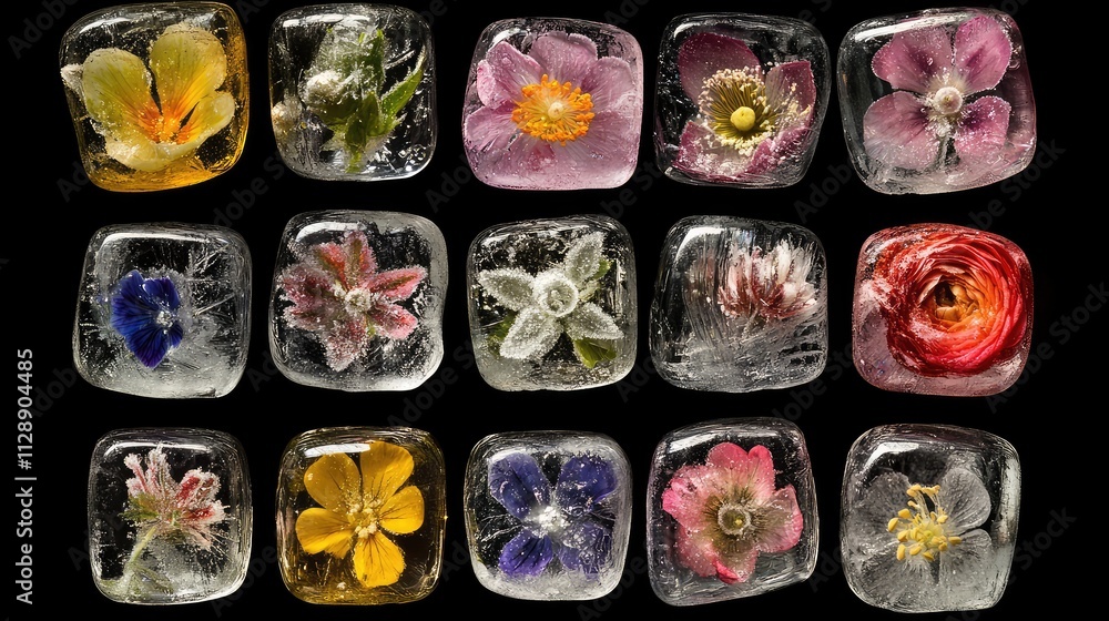 Poster a collection of colorful flowers frozen inside ice cubes, with small bubbles and frost creating intr