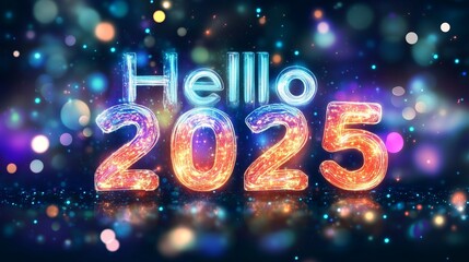 Banner with Luminous "Hello 2025" Message for New Year Greetings