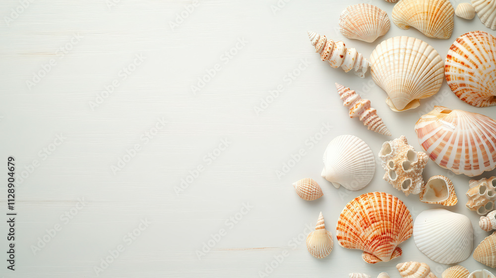 Poster Seashells of various shapes and sizes are artfully arranged on a light background, creating a serene coastal-themed composition.