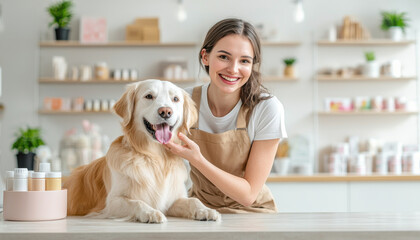 Friendly employee assisting dog in modern pet shop, showcasing care and joy