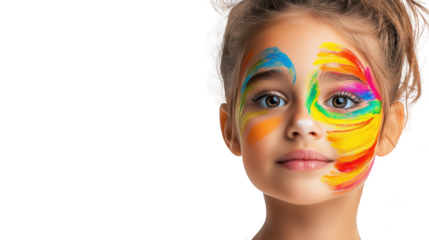 Girl with Colorful Face Paint on White Background