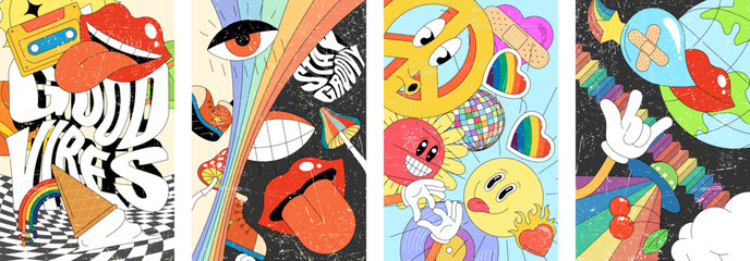 Hippie style retro posters showcasing psychedelic wallpapers. Vibrant 60s and 70s inspired abstract art with bold groovy patterns and colorful decorative vintage elements © Azat Valeev