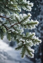 Fir branch covered in clear snowflakes densely , frozen foliage, wintery scene