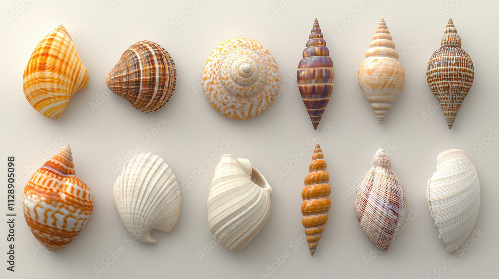 Poster a collection of twelve diverse seashells, showcasing various shapes, patterns, and colors, neatly ar