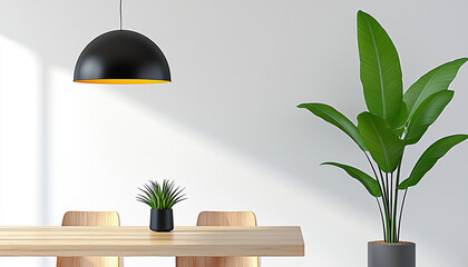 Modern dining area with plants and wooden furniture in natural light.