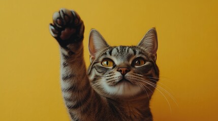 Fototapeta premium A chubby cat playfully raises one paw, showcasing a lively expression set against a bright yellow backdrop, radiating warmth and fun