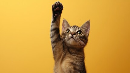 A chubby cat joyfully lifts its paw, set against a bright yellow backdrop, embodying a delightful and playful spirit