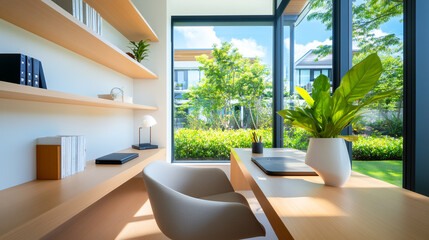 Obraz premium Modern home office with garden view through large windows.
