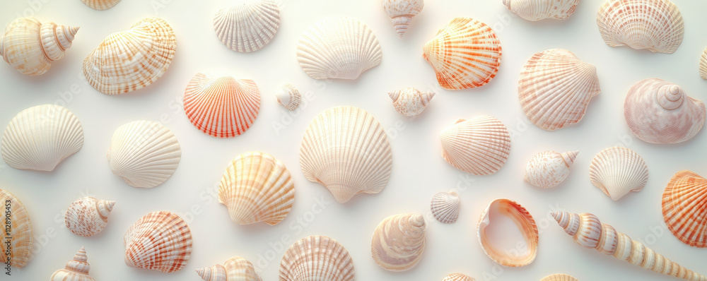 Poster an arrangement of various seashells in different shapes and subtle pastel colors displayed against a