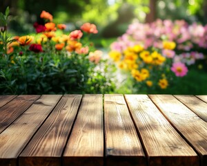 Wooden table in front of blurred colorful flowers in a garden.