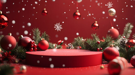 Festive Red Christmas Scene With Ornaments and Snow