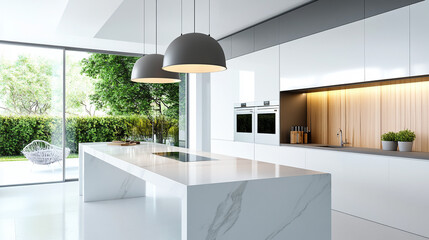 Modern kitchen interior with marble island and pendant lights.