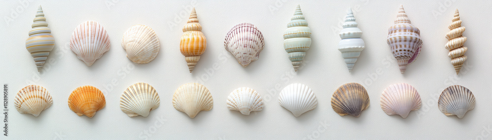 Aufkleber a collection of various seashells arranged neatly in two rows, showcasing a range of colors, shapes,